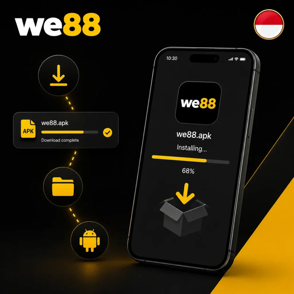 We88 APK download and installation on Android with Indonesia flag and official logo.
