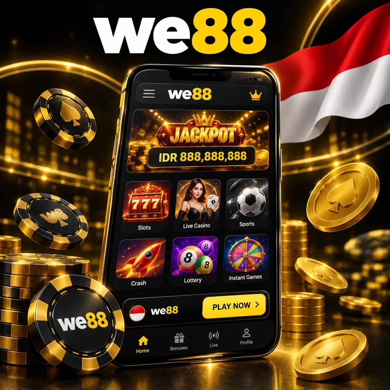 We88 casino app for Indonesia with smartphone, poker chips, gold coins and official logo.