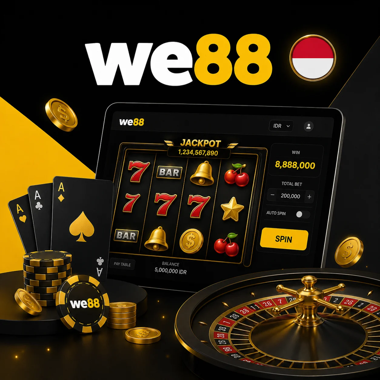 We88 Indonesia casino with slots, roulette, poker chips and official logo.