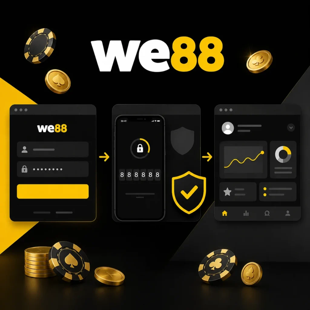 We88 login with two-factor authentication, poker chips, coins and official logo.