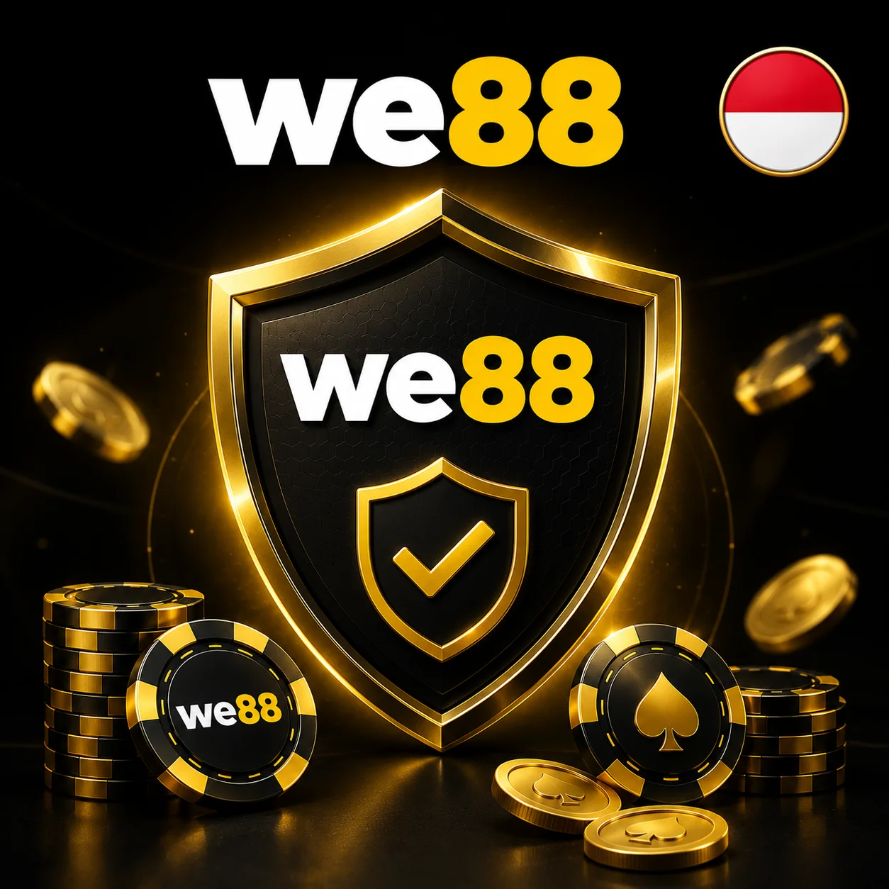 We88 security shield with Indonesia flag, poker chips and official logo.
