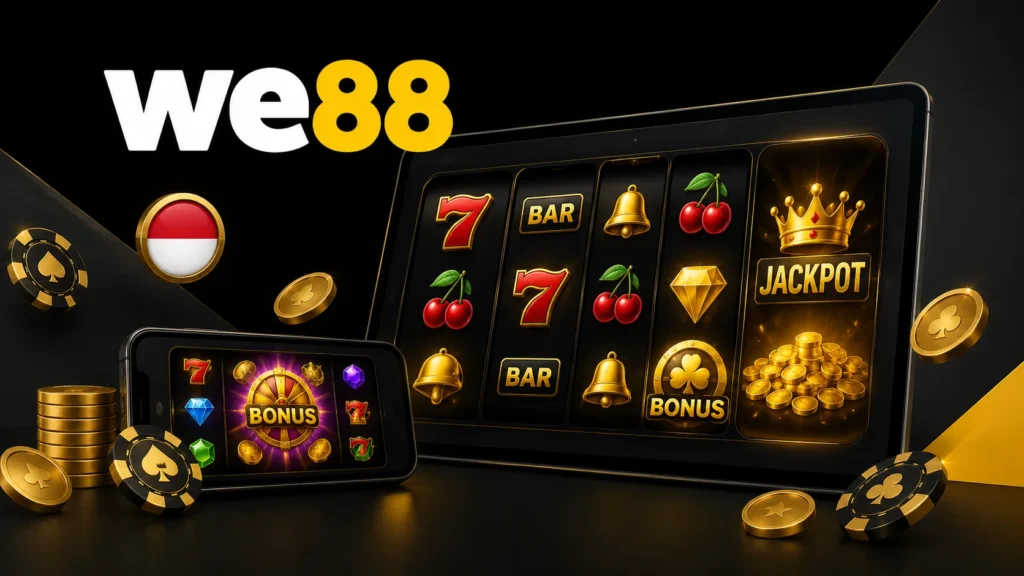 We88 Indonesia slot games with jackpot, bonus features, mobile play and official logo.