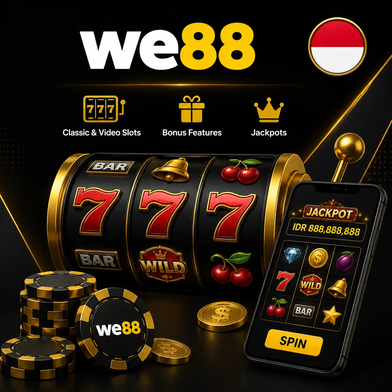 We88 Indonesia slots with jackpot reels, bonus features, poker chips and official logo.